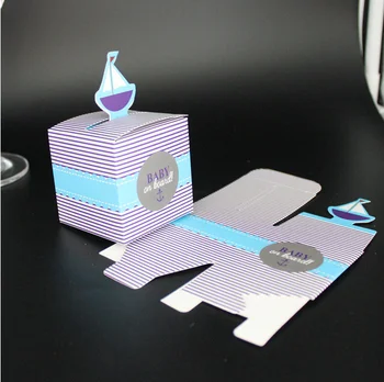 

100 X Lovely Blue Striped Sailboat Style "Baby On Board" Baby Shower Candy Boxes Giveaways Boxes Birthday Party Gift Box