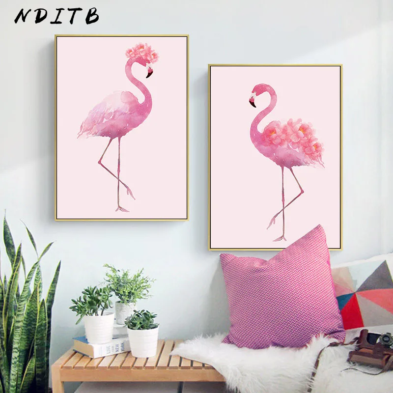 

NDITB Watercolor Flower Flamingo Canvas Posters and Prints Minimalist Wall Art Painting Nordic Decoration Pictures Home Decor