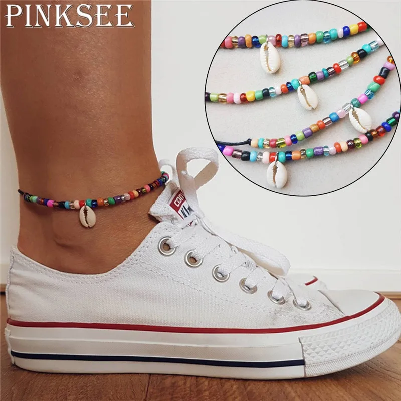 PINKSEE Bohemian Charm Beach Anklet Colorful Mixed Color Bead Nature Shell Foot Chain Ladies Simple Single Layer Jewelry | Украшения и