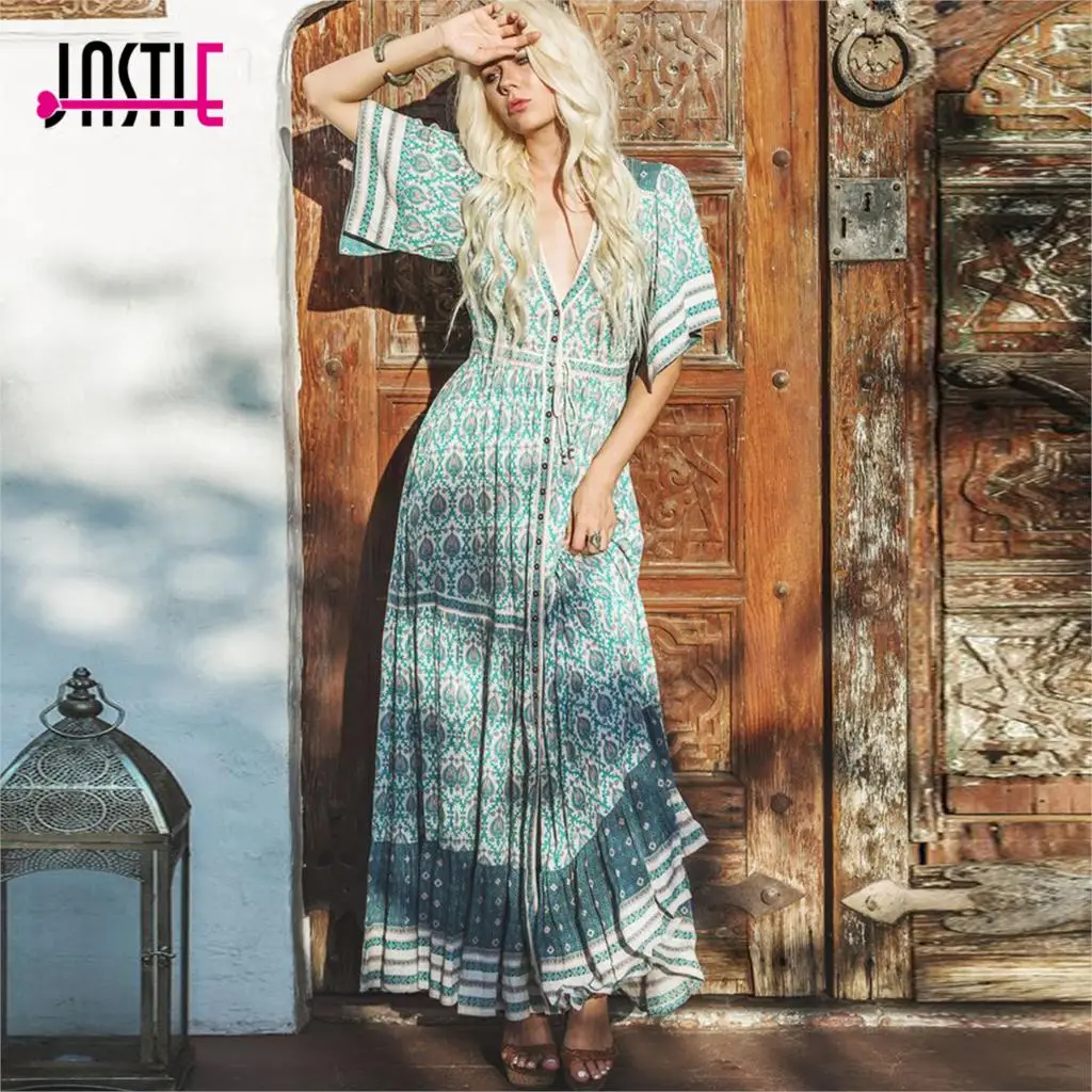 

Jastie Gypsy Collective Dresses Boho Oracle Print Maxi Dresses Ruffled Hem Casual Beach Dress 2019 Summer Women Vestidos