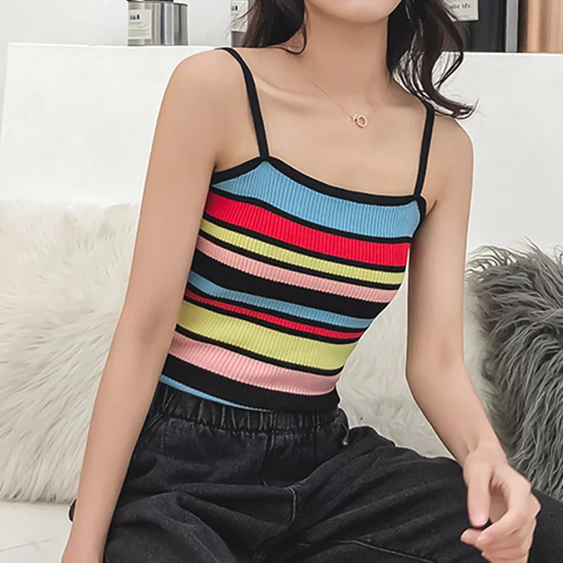 Blue Camis Корейская тонкая красочная трикотажная полосатая футболка для женщин модный жилет женская футболка пляжный комбинезон Женская майка сексуальный трикотаж - Цвет: Blue Camis