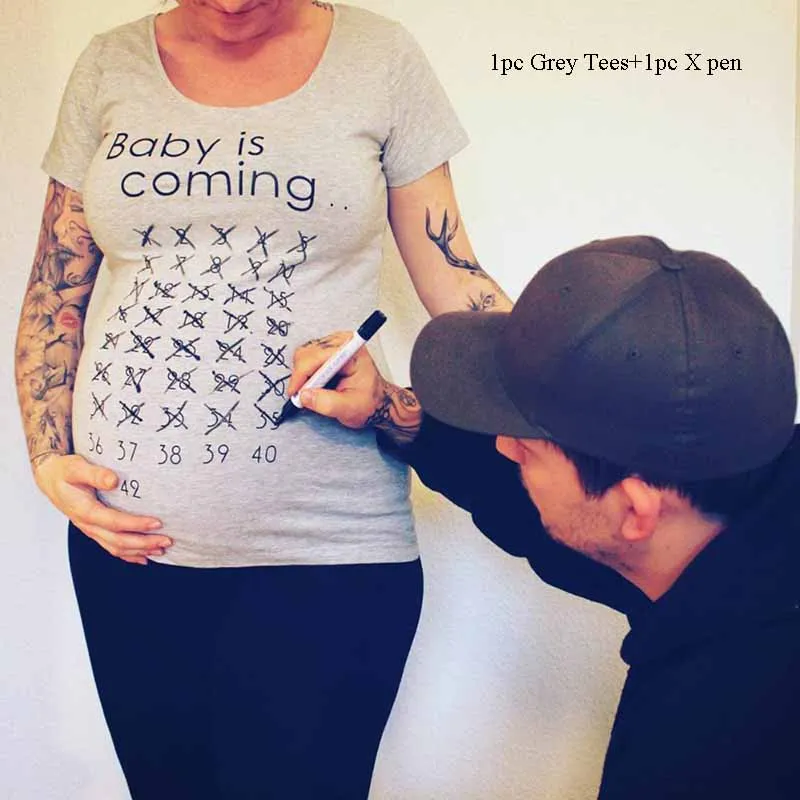 Летняя женская одежда для беременных; одежда для малышей с принтом для беременных; короткая футболка; однотонный топ для фотосессии; большие размеры - Цвет: Grey With X Pen