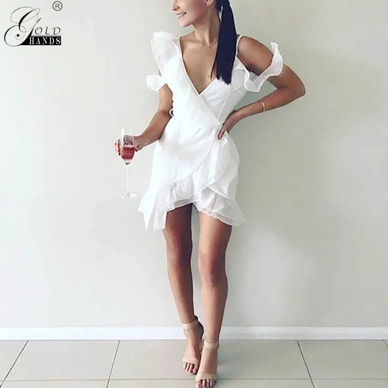 

Gold Hands Nightdress Dress Pure Color Deep V-neck One-shoulder Waist Hem Irregular Hem Casual Mini Dress Night Party Free Post