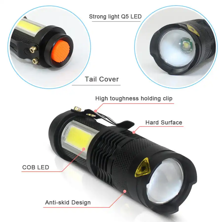 Portable Mini Glare Flashlight XPE Q5 COB LED Clip 14500//AA Torch Light Lamp