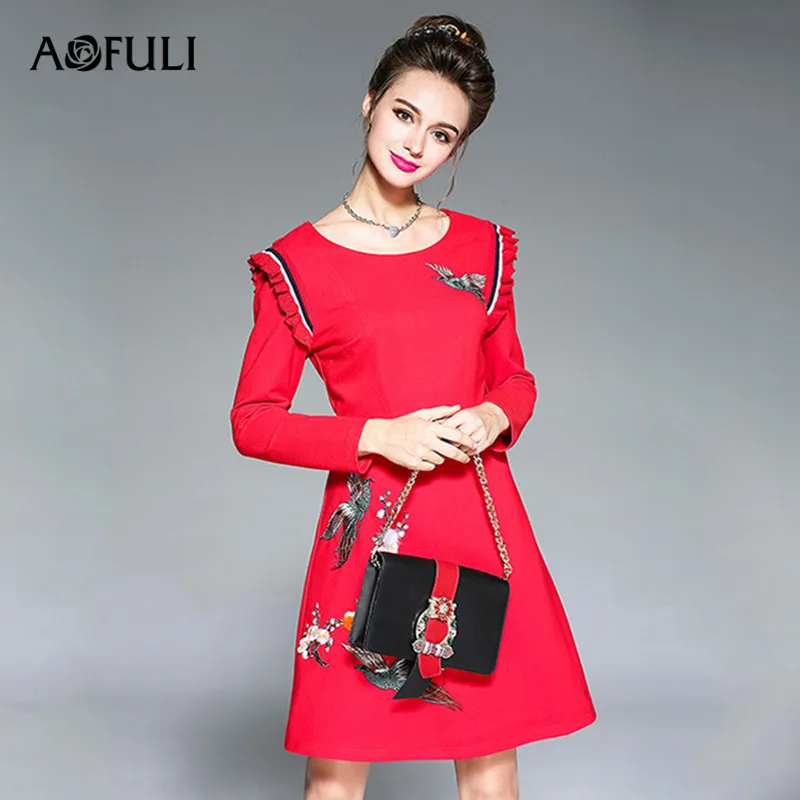 AOFULI L- 3XL 4XL 5XL Plus size Autumn Dress 2017 New Office Women Long sleeve Red Bird Embroidery OL Party Work Dresses