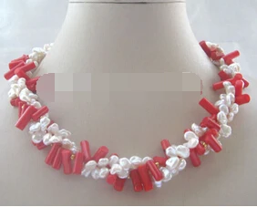 

huij 004723 3row white keshi reborn freshwater pearl & red coral necklace