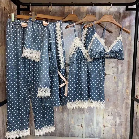 Для женщин пижамы 5 шт. атлас Pijama Шелковый Домашняя одежда домашняя вышивка сна Lounge комплект - Цвет: Синий