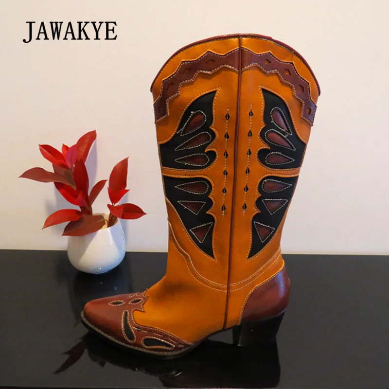 

2018 Chic Knee High Boots Woman Pointed Toe Embroider Med Heel Boots Women Retro Western Boots