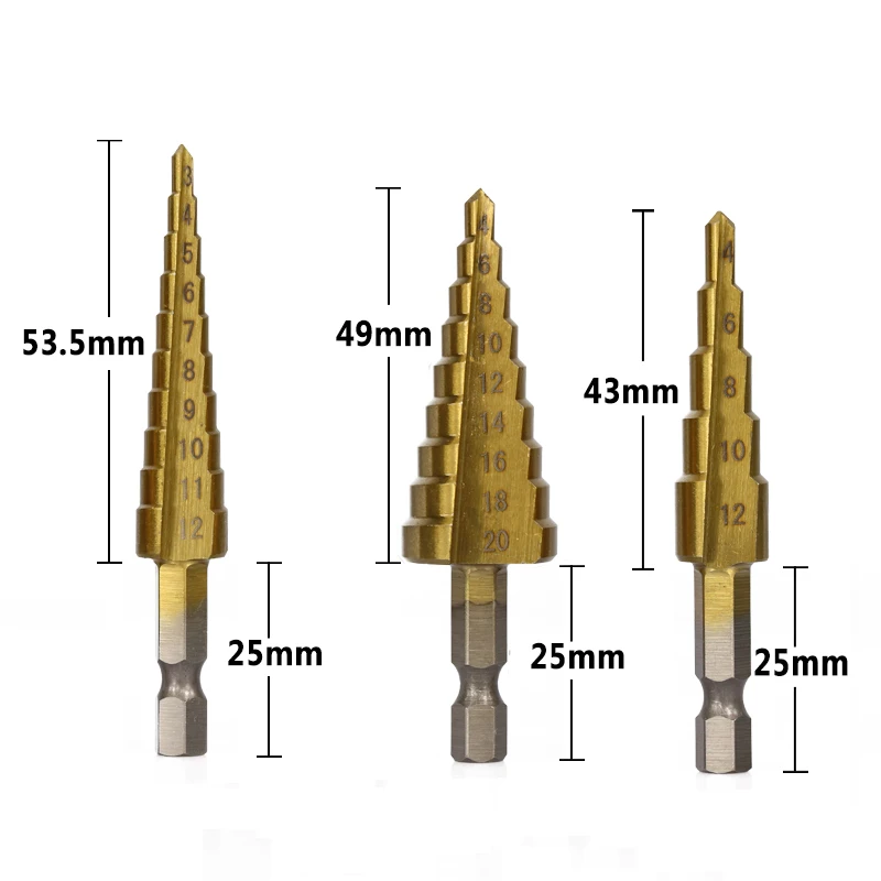XCAN, 3 шт., 3-12 мм, 4-12 мм, 4-20 мм, HSS, прямые пазы, шаг, набор сверл, титановое покрытие, дерево, металл, дырокол, набор сверл