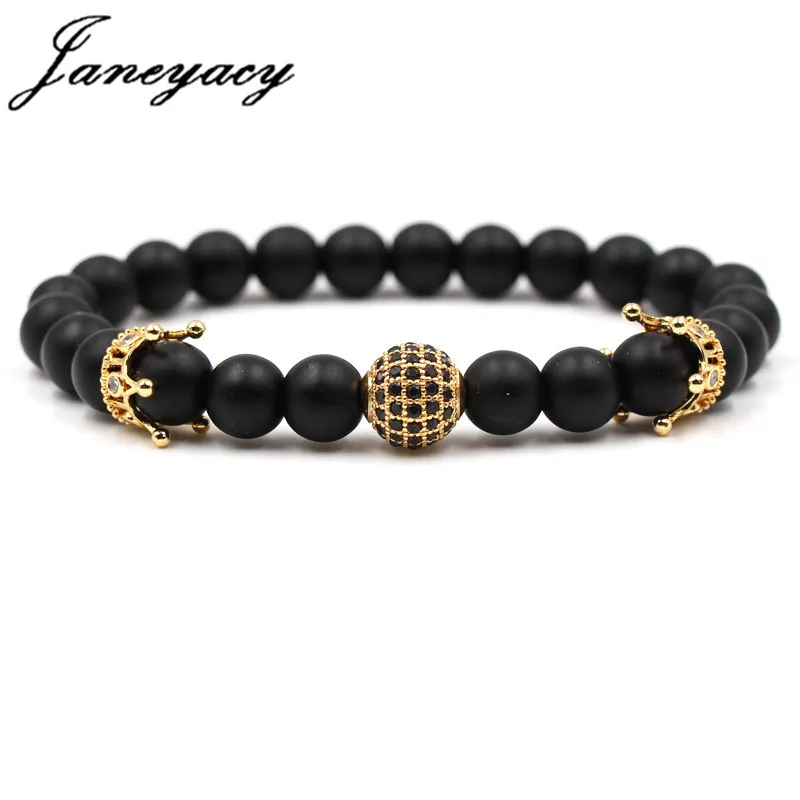 

Janeyacy New Creative Brand Bracelet Women 8mm Black Frosted Stone Bracelet Men's Crown Zircon Bead Bracelet CZ Homens Pulseira