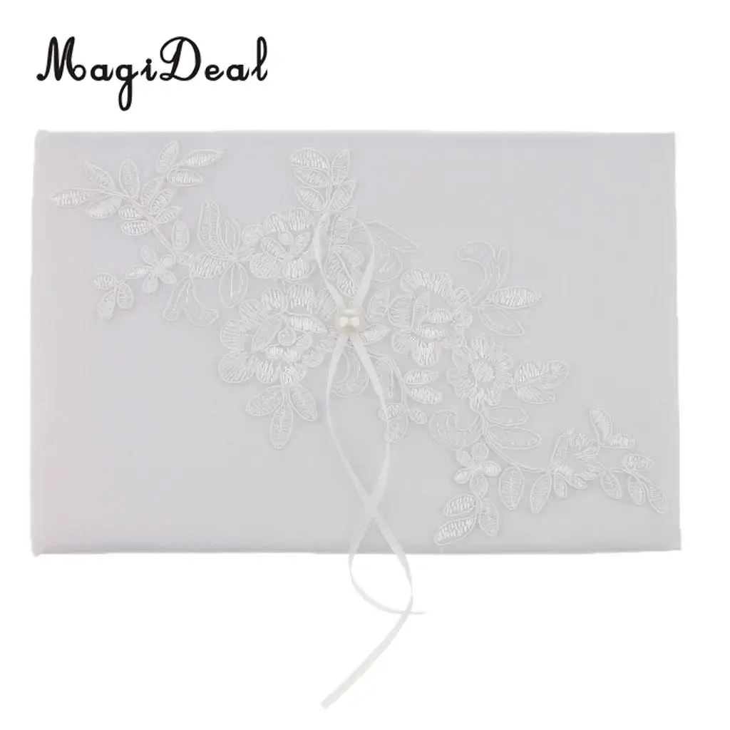MagiDeal Wedding Ceremony Party Signature Guest Book Pearls Lace Flower Applique Guestbook