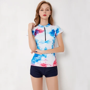 

Elegant Print Short Sleeve+Shorts Two-Piece Women Swimming Suit Surfing Swimsuit Bathing Suits Plus Size 4XL Swimwear
