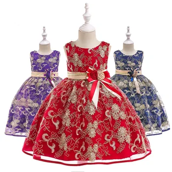 

L9030 New Fashion Girl Summer Clothes Gold Thread Embroidered Dress Girl Princess Dresses Flower Knit Belt Dress