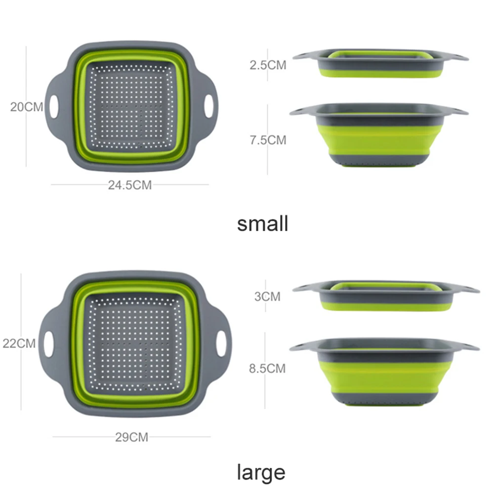 Складные корзины для мытья овощей и фруктов, 2 шт., сетчатый фильтр, портативный силиконовый дуршлаг, складной Слив с ручкой, кухонные инструменты