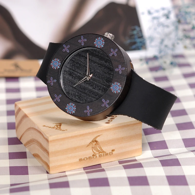 BOBO BIRD CbD25 Womens Ebony Vintage Round Wood Watch Leather Strap Ladies Bamboo Wood Watches Customize Watch for Men