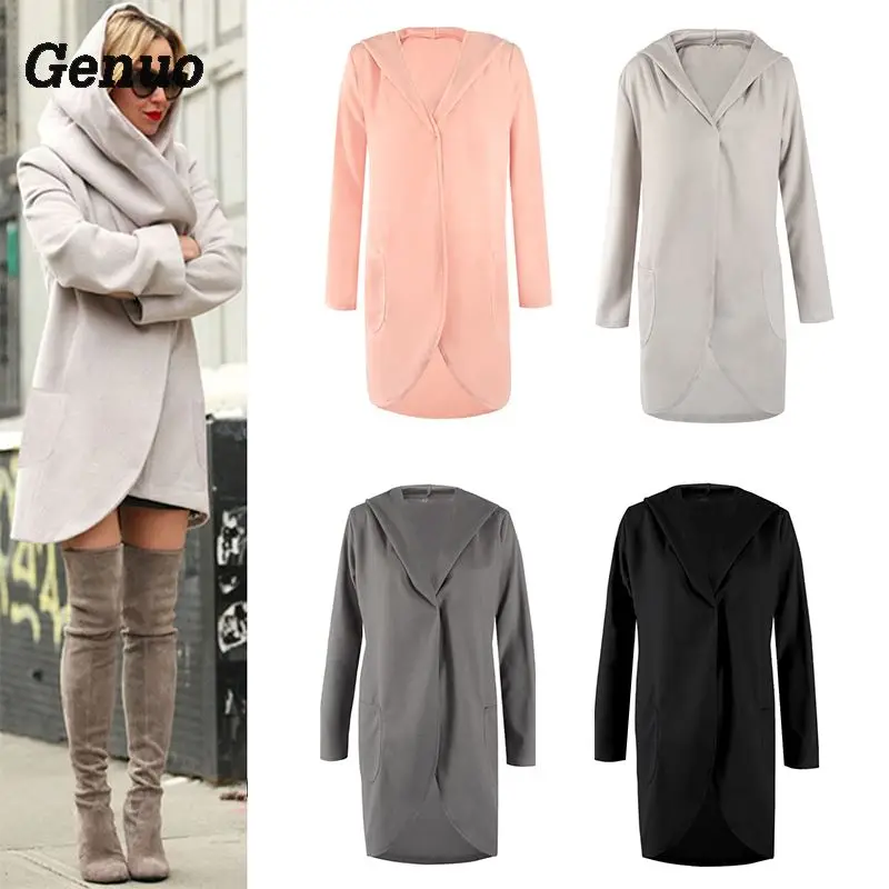 

Genuo Women Loose Hooded Coat Long Sleeves Fashion New Casual Woolen Jacket Solid Casual Autumn Coat Women Thin Top Outwear