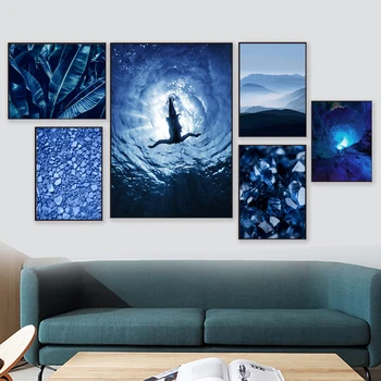 

Girl Diving Blue Crystal Cave Banana Leaf Wall Art Canvas Painting Nordic Posters And Prints Wall Pictures For Living Room Decor