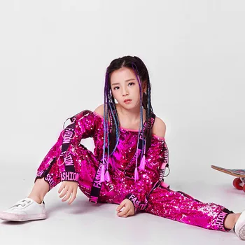 

Children Jazz Dance Costume Girls Model Catwalk Show Clothing Kids Rose Red Sequin Street Dance Performance Costume DQL018