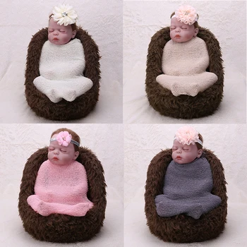 

Newborn Baby Wraps Photo Blanket with Hair Band Infant Elastic Knit Swaddle Wrap Cloth Kids Photography Props Background Blanket
