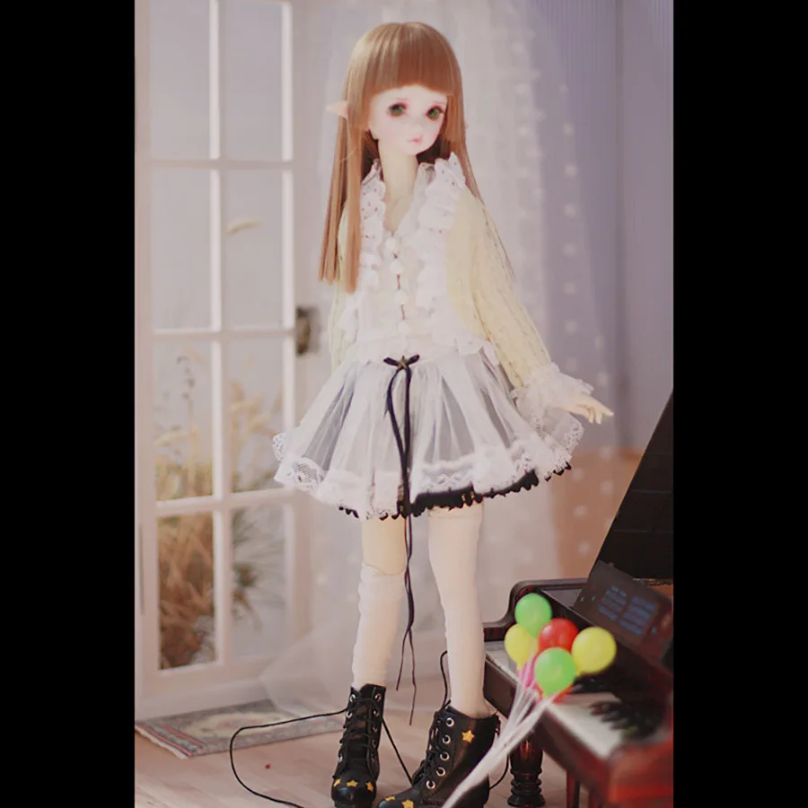 

Bybrana msd dz bjd sd dd doll Clothes set Yellow cardigan + White lace vest + White lace skirt + Black lace skirt + White socks