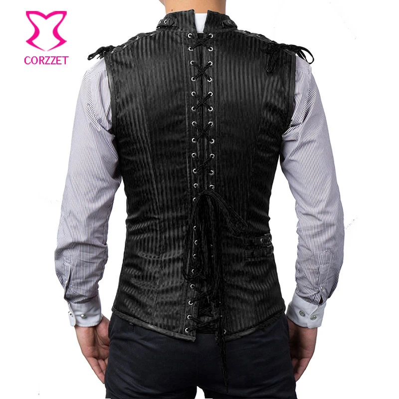 Corzzet черный полосатый воротник-стойка без рукавов Мужская куртка в псевдостаринном стиле плюс размер Готический мужской корсет жилет костюм для бурлеска одежда