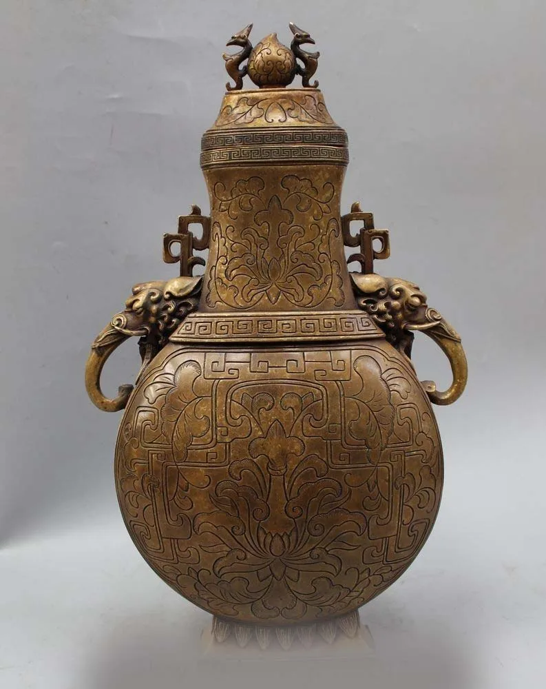 

18" Chinese Dyansty Palace Bronze Auspicious Symbol Elephant Flower Bottle Vase