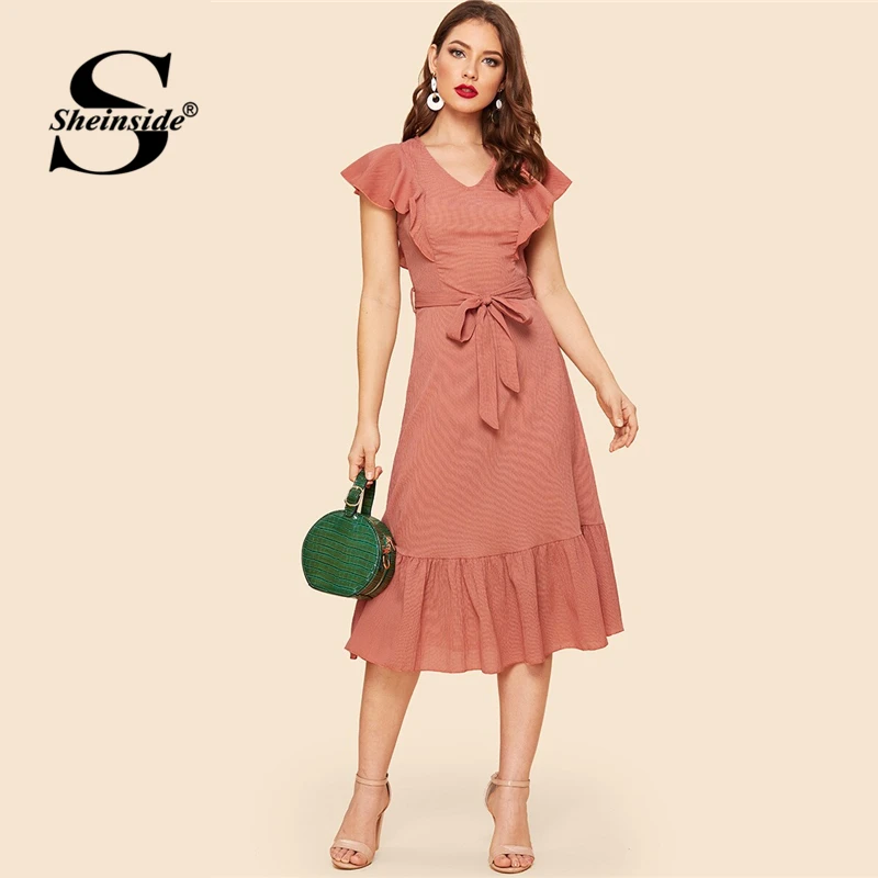 

Sheinside Vintage Self Belted Pephem Ruffle Dress Women 2019 Summer Fit and Flare V neck Dresses Ladies Elegant Midi Dress