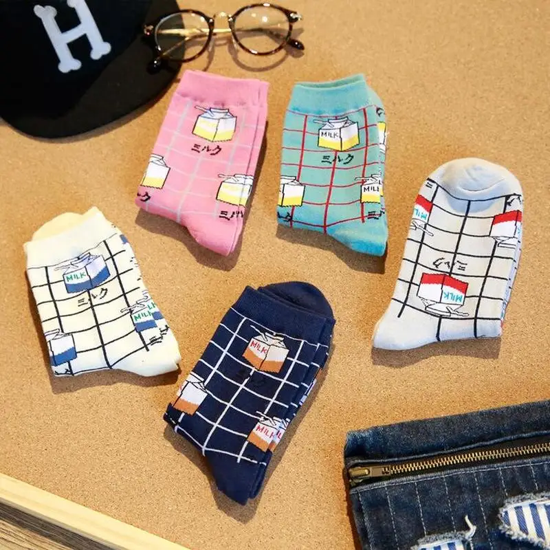 

Harajuku Style Fashion Woman Fun Pink Blue White Milk Box Pattern Japanese Kawaii Girl Style Socks Happy Woman Socks Meias