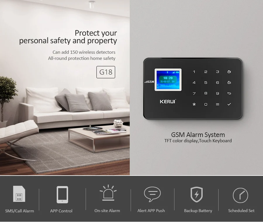 KERUI G18 Black Panel Wireless GSM Home Security Alarm System Burglar Alarm Sensor Kit Android IOS Phone APP Remote Control KERUI G18 Black Panel Wireless GSM Home Security Alarm System Burglar Alarm Sensor Kit Android IOS Phone APP Remote Control