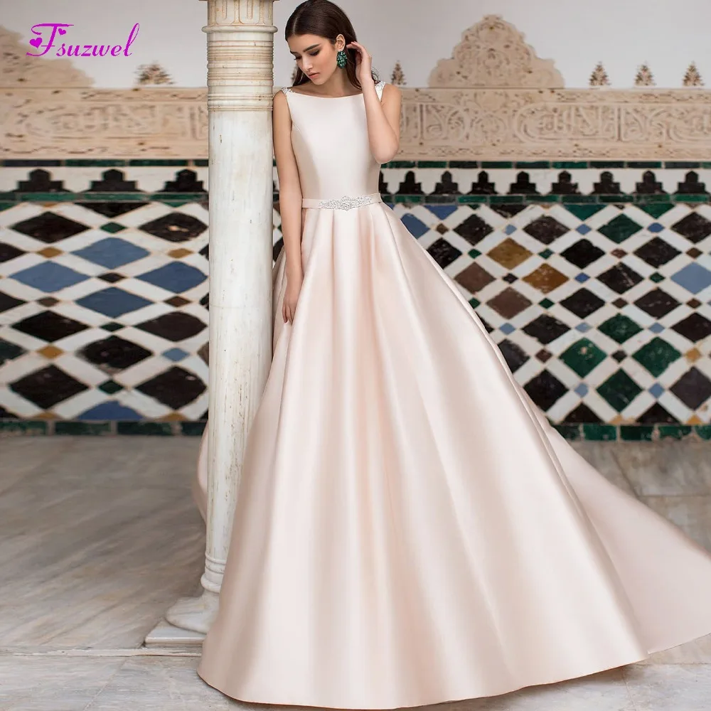 

Fsuzwel New Design Scoop Neck Backless A-Line Wedding Dress 2020 Luxury Sashes Beaded Satin Princess Bride Gown Vestido de Noiva