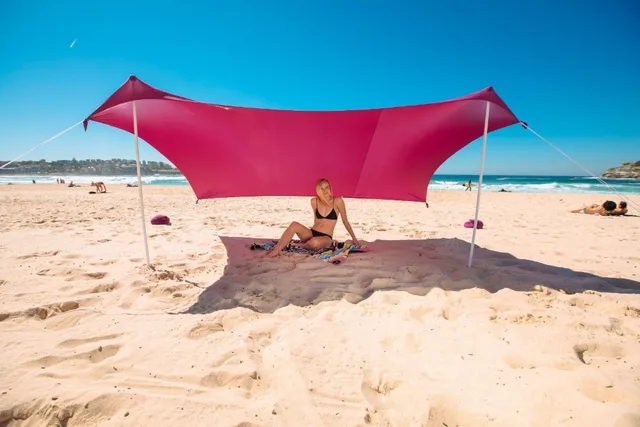 Beach Sunshade Tent With Sandbag Anchors 2 Free Poles Upf50 Beach Sunshade Tent With Sandbag Anchors 2 Free Poles Upf50 Quality Lycra Fabric