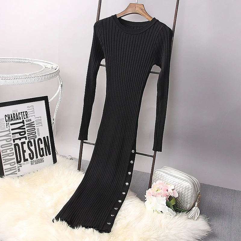 Женское трикотажное платье ALPHALMODA с длинными рукавами высоким разрезом на