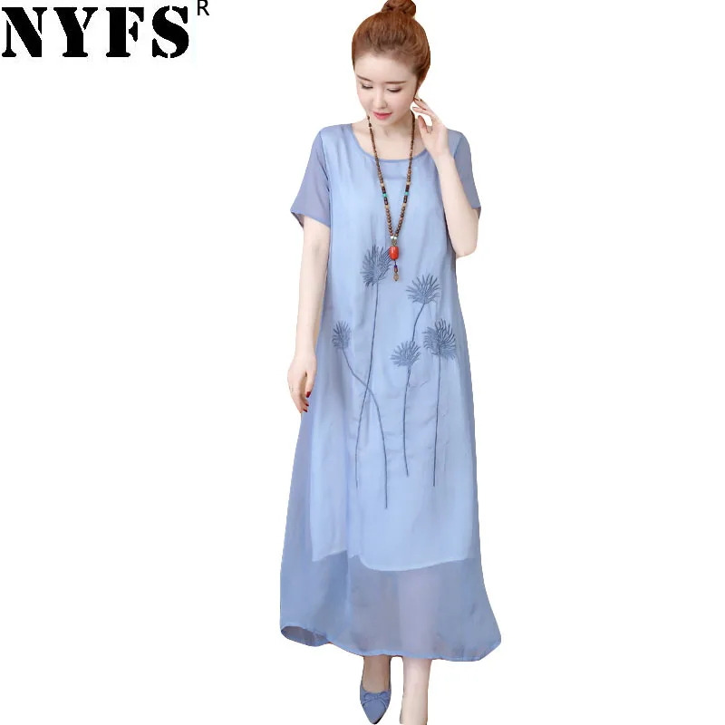 

NYFS 2019 New Summer dress Printing Loose Short sleeve embroidery Cotton Linen Long Dress Vintage Long dress Vestidos Robe
