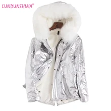 LUNDUNSHIJIA новая зимняя Серебряная бархатная женская кожаная куртка пальто с меховым капюшоном Толстая теплая Золотая модная женская одежда