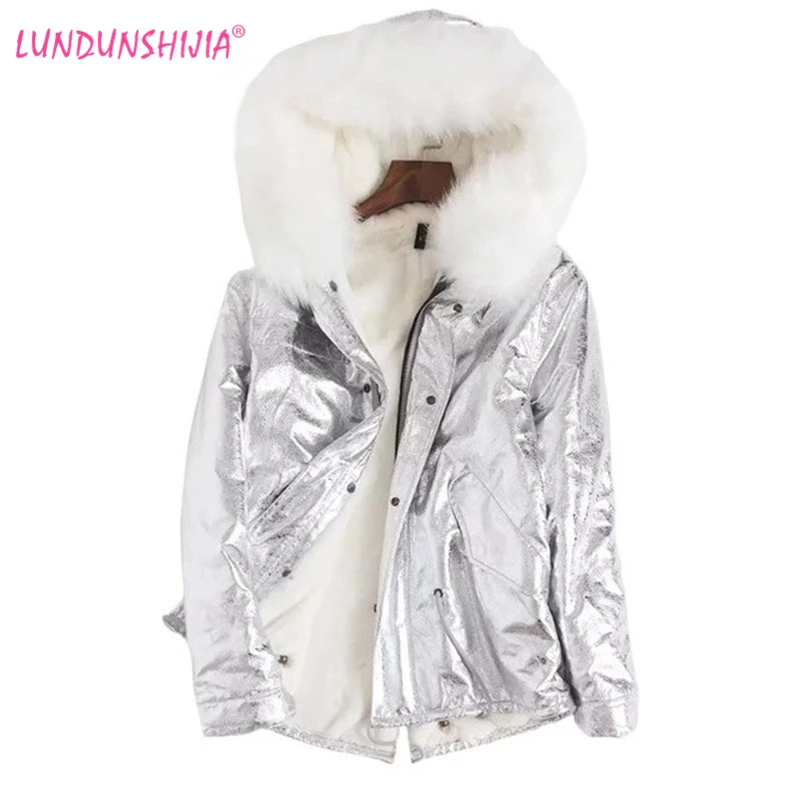 

LUNDUNSHIJIA 2019 New Winter Silver Plus Velvet Women Leather Jacket Fur Hooded Coat Thick Warm Gold Fashion Women Clothes