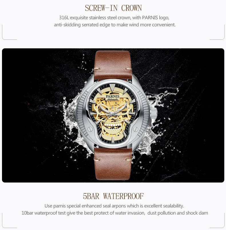 Новинка PARNIS механические мужские часы 43 мм дизайнерские Череп Скелет с автоматическим подзаводом светящийся циферблат сапфировое стекло Мужские часы