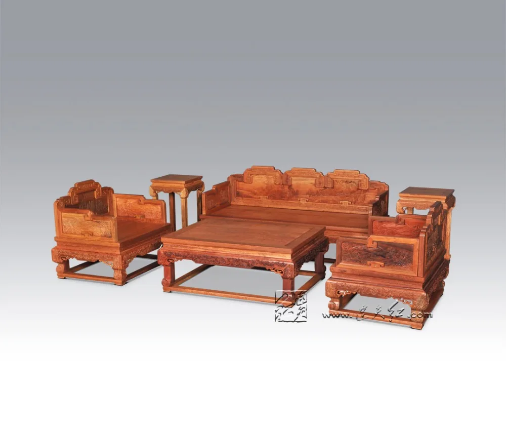 Sofa Bed Suit 1+3 Seats 6 Pcs Set Chinese Royal Rosewood Furniture Living Room Luxurious Carving Solid Wood Throne Chair Chaise