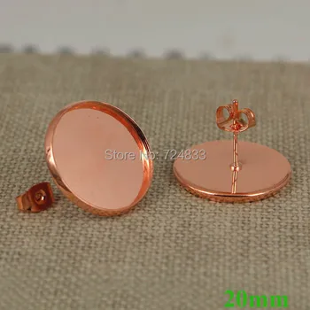 

20mm Rose Golden Plated Brass Blank Bases Round Bezel Tray Pin Stud Earrings Post w/ Stopper Back Settings Findings Wholesale