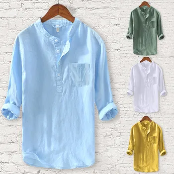 

2019 New shirt Men's New Style Fashion Pure Cotton And Hemp Long Sleeve Top Casual Blouse Top S-2XL Blusa Masculina