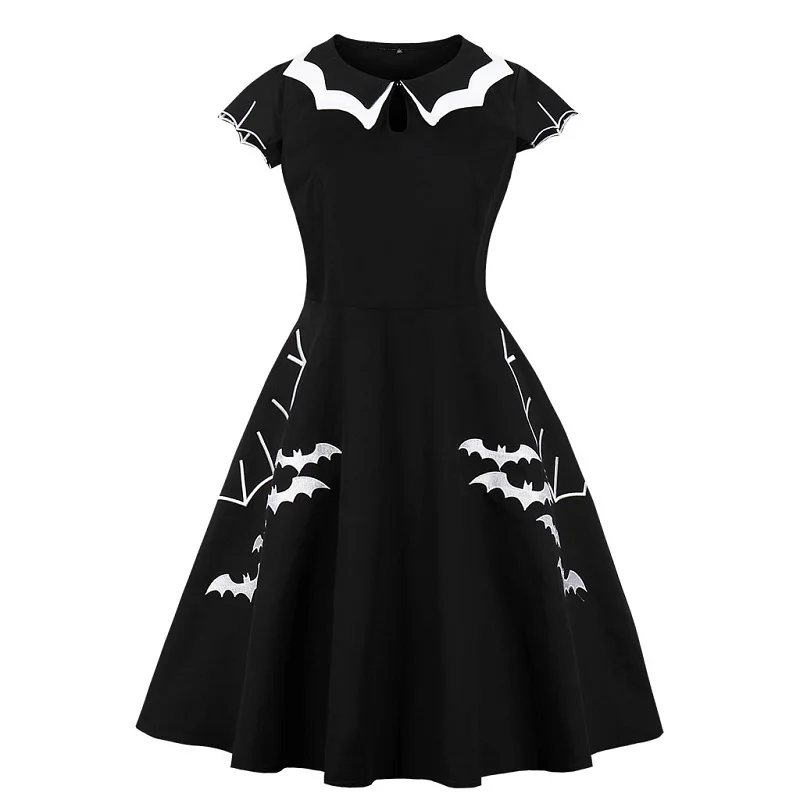 

Black Dress Women Halloween Bat Embroidery Punk Party Dresses Gothic Dress Clothing Big Swing Vestidos 5XL 4XL Plus Size