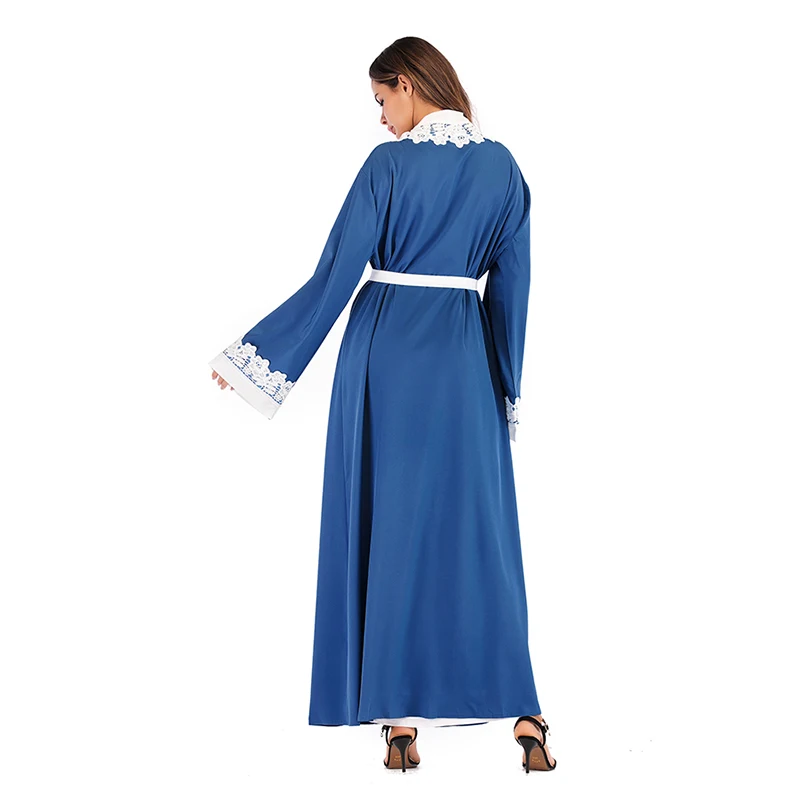 Дубай свободные Абая кафтан турецкий мусульманский для женщин кружево шить платье костюмы Исламская Леди с длинным рукавом синий