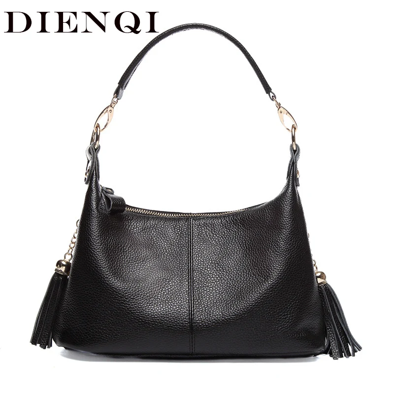 DIENQI Soft Genuine Leather Hobo Shoulder Bag Tassel Small Women Leather Handbags Black Hand Bag ...