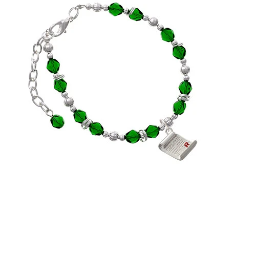 Silvertone Diploma Green Beaded Bracelet