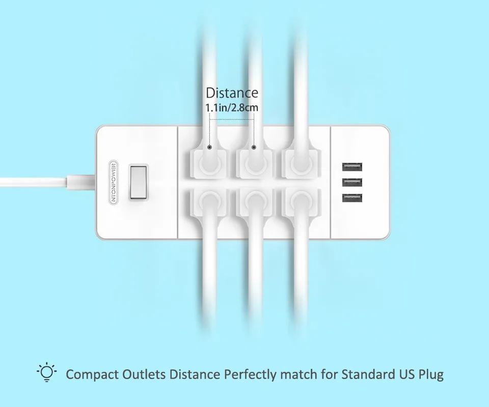 NTON power USP, Семейный Размер, 6 розеток, удлинитель питания, штепсельная вилка США, защита от перегрузки, 3 порта usb для зарядки, с 1,5 м шнуром питания