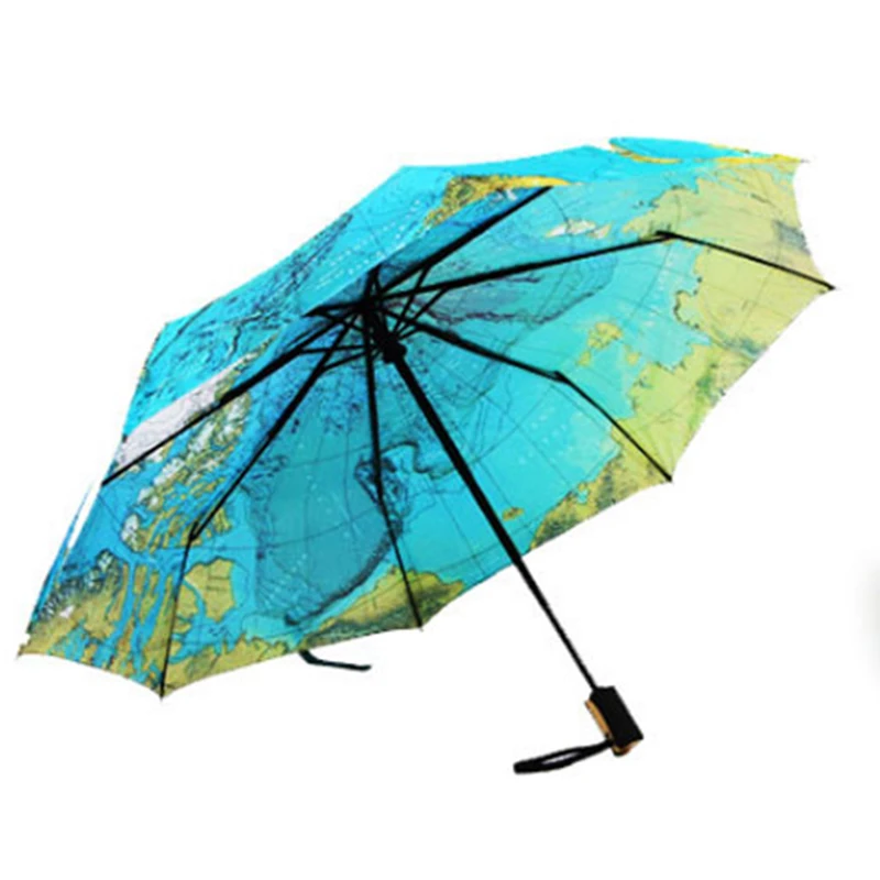 

8 ribs 3 folding rain umbrella for female world map printed automatic umbrella rainproof parasol