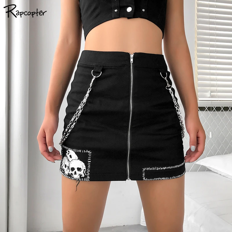 

Rapcopter Black Chains Zipper Up Front Casual Skirts High Waist Punk Streetwear Skinny Skirt Fashion Harajuku Print Summer Skirt