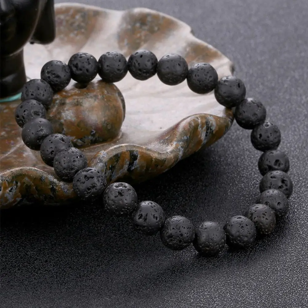 Популярные унисекс черный натуральный камень лавы эластичные бусины браслет модные ювелирные изделия подарок эластичная веревка цепи браслеты