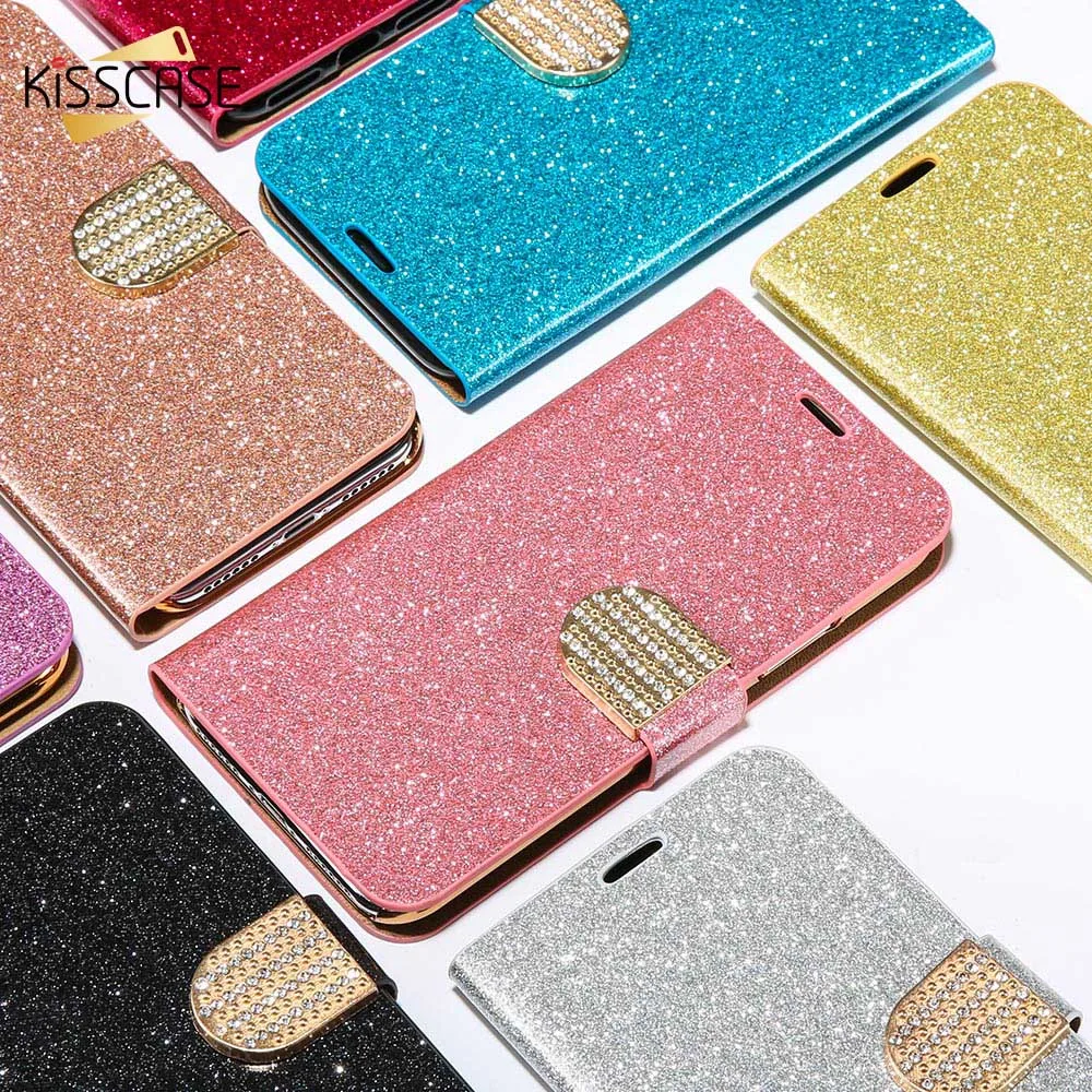KISSCASE Gillter блестящий чехол для телефона iPhone X 8 7 6s Plus 5S из искусственной кожи Samsung S8 S7