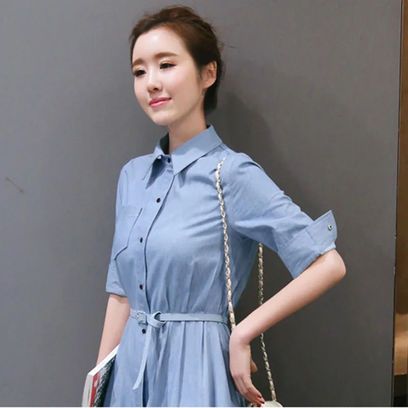  Women's clothing solid color half-sleeved belt slim denim shirt dress ladies fashion casual long section jeans dress (6)