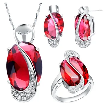 

Zirconia CZ Queen 18K WGP Plated Zircon Gem Noble Rich Women's White Gold Filled Red Ruby Gem Ring Pendant Earring Necklace Set